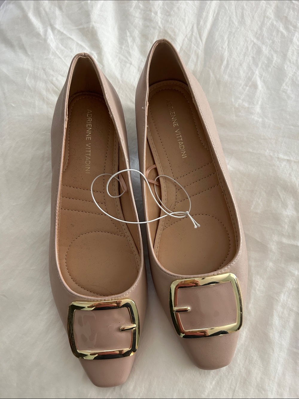 Adrienne Vittadini Blush Beige Square-Toe Flats with Gold Buckle